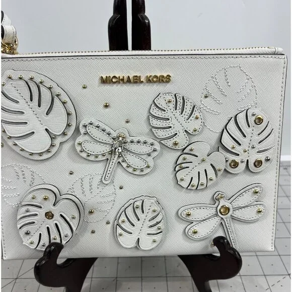 Michael Kors Jet Set Dragonfly White Wristlet Clutch NWOT Leather - Picture 2 of 6